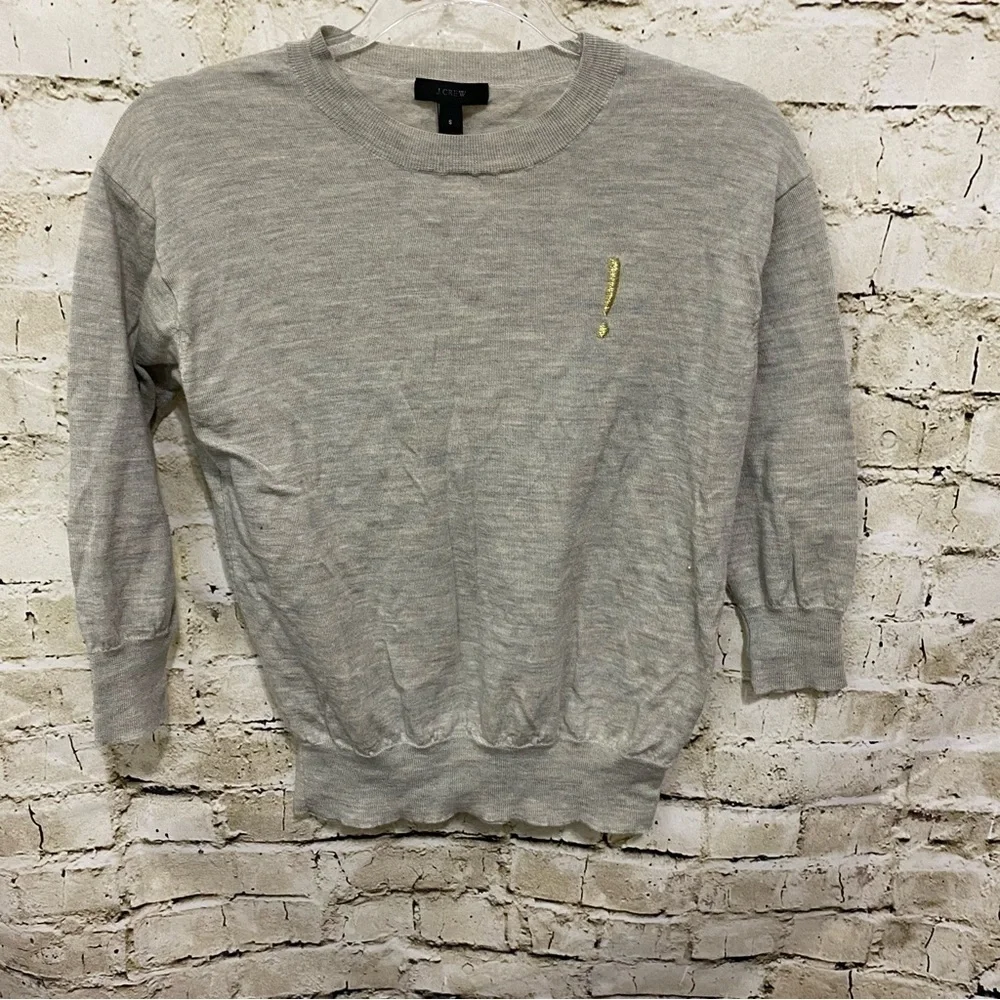 J Crew Gray 100% Merino Wool Exclamation Point Tippi 3/4 Sleeve Sweater
